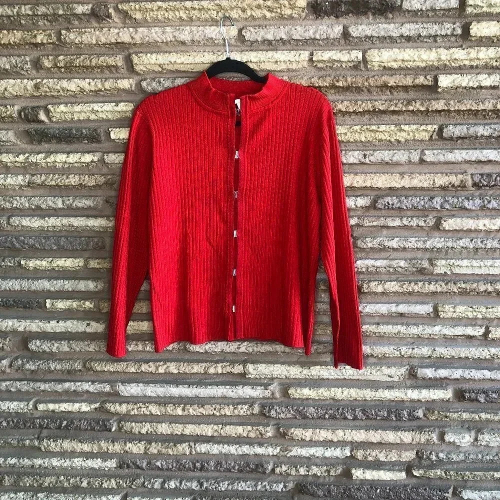 Doncaster Red Ribbed Knit Silver Closures Silk Blend Cardigan Sweater